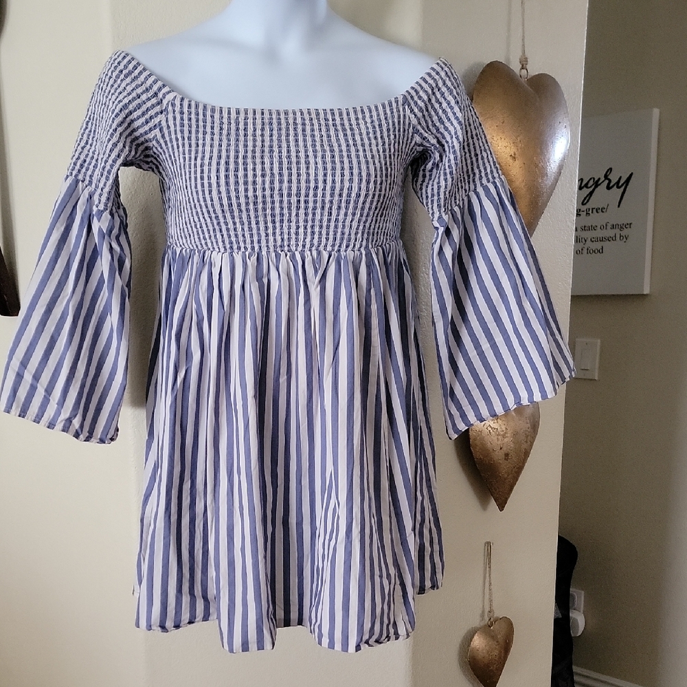 TORRID Smocked Long Sleeve Striped Skater Dress Blue White Sz 2X 18/20